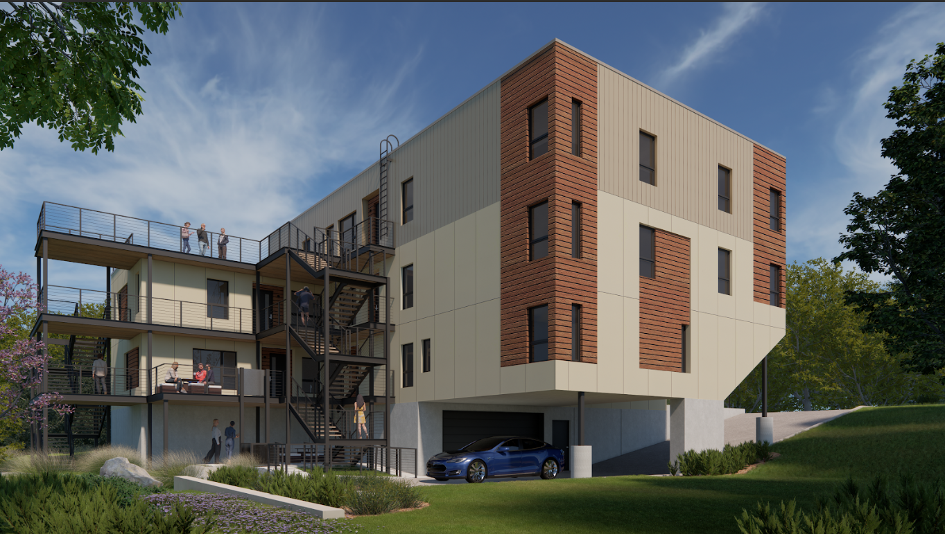 a rendering of an apartment building with a car parked in front of it